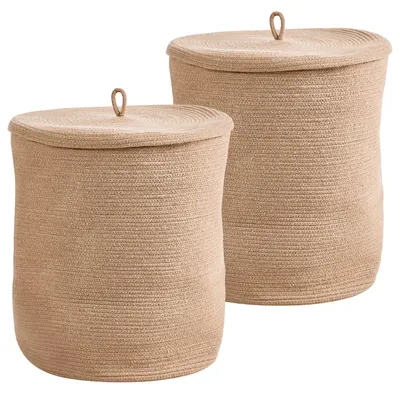 Zdjęcie produktu dla BELIANI Zestaw 2 beżowe bawełniane materiałowe z pokrywą akcesoria do przechowywania boho