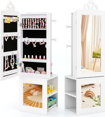 Produktbild von DREAMADE Kinder Schmuckschrank, freistehender Ganzkörperspiegel mit großem Stauraum, Kleiderständer mit Ankleidespiegel(Weiß)