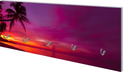 Produktbild von Wallario Flurgarderobe Wandgarderobe aus Glas, mit 5 Haken, Größe 80 x 30 cm, Motiv Abendrot unter Palmen - pinker Himmel am Strand