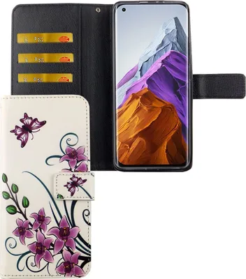 A flip case for a Xiaomi Mi 11 Lite phone, shown open with the phone inside and the front cover displaying a floral and butterfly design. The inside of the front cover has card slots.
