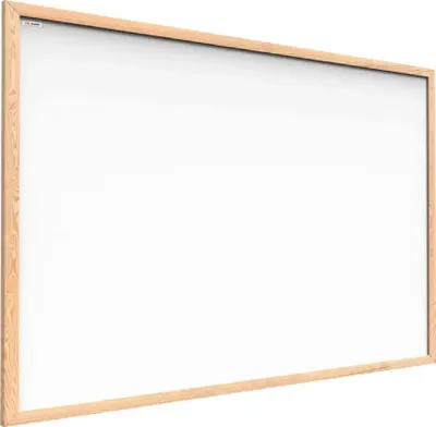 A whiteboard with a wooden frame, presented from a slight angle.