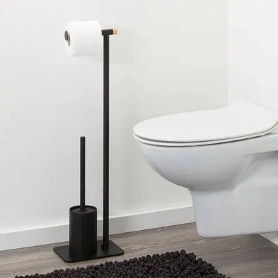 Produktbild von Unyqoos® freistehender WC-Bürstenhalter mit Toilettenpapierhalter, schwarz Metall & Eichenholz – platzsparendes Bad-Accessoire