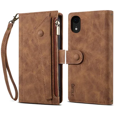 Obrázek produktu pro Ochranné pouzdro pro iPhone XR, kožené pouzdro na zip, skládací peněženka s přihrádkou na karty, stojánek a poutko Hnědý