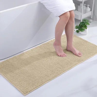 Productafbeelding van Chenille badmat, antislip, wasbaar, zacht, absorberend, 60x120 cm, donkerbeige