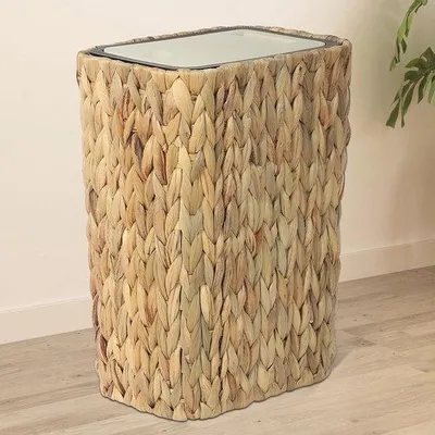 Zdjęcie produktu dla Ibenzoa® Kosz na śmieci w stylu boho z automatycznie otwierającą się pokrywą, pojemność 12 litrów, kompaktowy rozmiar 24,5 x 18 x 34,5 cm, wykonany z tworzywa sztucznego z elementami rattanu, demontowalny, funkcja 2 w 1, stabilny