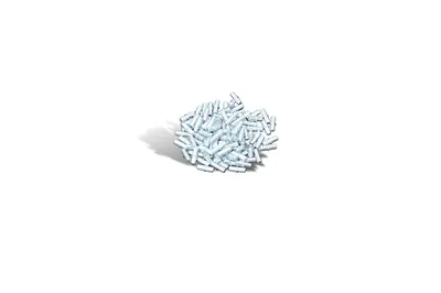 A pile of small, cylindrical metal shelf support pins is shown on a white background.