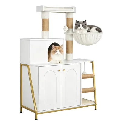 Produktbild von Kratzbaum mit Katzenklo-Schrank, 121 cm Katzenschrank, Weiß | 4-in-1 Modernes Katzenhaus mit Plattform, mit Sisal-Kratzmatte, Pfosten