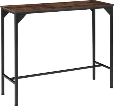 A bar table with a brown wood-grain top and black metal legs, shown against a white background.