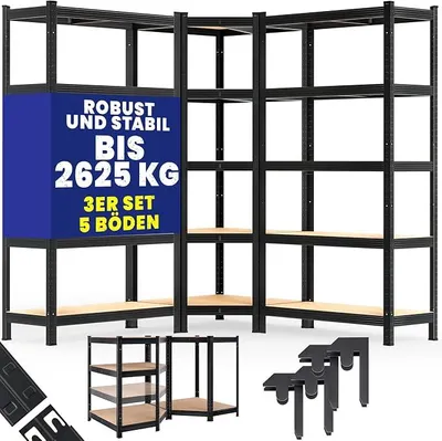 Zdjęcie produktu dla Zestaw 3 regałów przemysłowych, narożne, udźwig 2625 kg, 15 płyt MDF, regał magazynowy, regał do piwnicy, regał modułowy, regał do warsztatu, system regałowy, kolor czarny