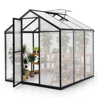 Produktbild von Sekey Gewächshaus Aluminium Treibhaus Garten Pflanzen Tomatenhaus Wetterfest Schiebetür 185x185x195cm Hohlkammerplatten UV-stabil Gartenhaus Griff
