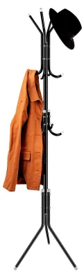 Produktbild von Garderobenständer aus Metall mit 3 Höhen und 12 Haken, stabile freistehende Garderobe für Kleidung, Taschen und Hüte, geeignet für Zuhause, Eingangsbereich, Büro und Flur (Schwarz)