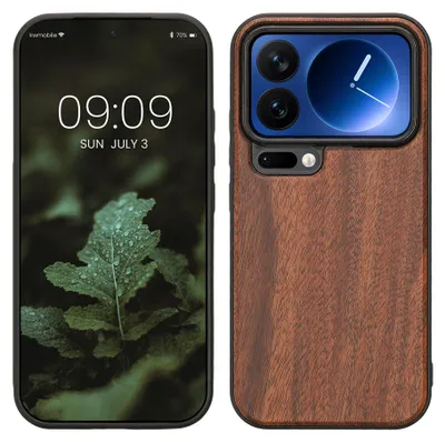 Image de Étui pour téléphone portable kwmobile pour Xiaomi 17 Pro - Étui en bois avec bordure en TPU - Coque rigide résistante aux chocs - Étui de protection marron vintage