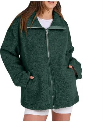 Produktbild von ASKSA Damen Jacke Teddyjacke Doppelschieber Reissverschluss Winter Fleecejacke Winterjacke Warme Teddyfleece Outdoor Casual Jacken mit Taschen (Dunkelgruen,S)