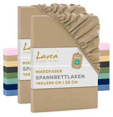 Zdjęcie produktu dla Lavea® Elastyczne prześcieradło 140x200 cm, wykonane z mikrofibry, z gumką wszytą po obwodzie, przeznaczone dla materacy o grubości do 20 cm, oddychające i zapewniające uczucie chłodu, łatwe w pielęgnacji. Zestaw 2 sztuk, kolor: beżowy (piasek)