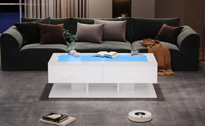 Produktbild von 100*50*35cm Couchtisch, Hochglanz Sofatisch, Wohnzimmertisch mit Schubladen, Kaffeetisch mit LED-Licht, Glasplatte, Weiß
