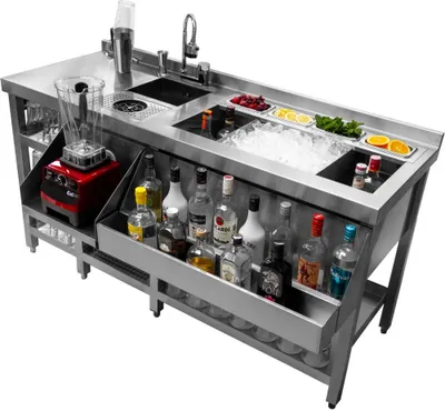 Image de Comptoir de bar à cocktails de luxe, comptoir de bar, comptoir de bar à cocktails, comptoir de bar, station de bar à cocktails, plan de travail, bac à glaçons isolé, robinet pivotant à 360 degrés, shaker inclus, acier inoxydable, professionnel de la restauration