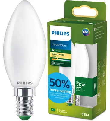 Produktbild von Philips Filament-Kerzenlampe, B35 E14, Milchglas, 25 W, 1,2 W, 25 W, E14, 252 lm, 50000 h