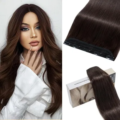 Zdjęcie produktu dla Pasemka do włosów z naturalnych włosów, ciemnobrązowe, 55 cm, 55 g, 1 sztuka, z 5 klipsami