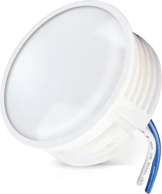 A white LED light fixture with blue and white wires attached.