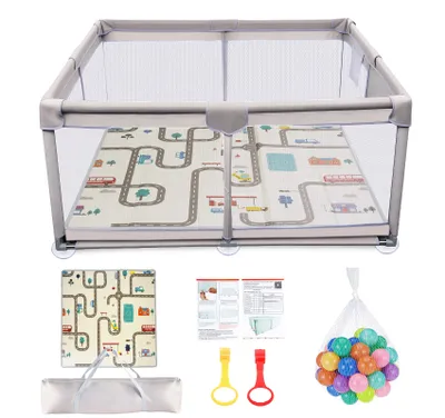 Produktbild von Laufstall Baby mit Matratze, Laufgitter Baby 120x120cm, Playpen aus 300D Oxford Gewebe, mit Atmungsaktivem Netz, 50 Bälle Bunt, Tragetasche, Grau