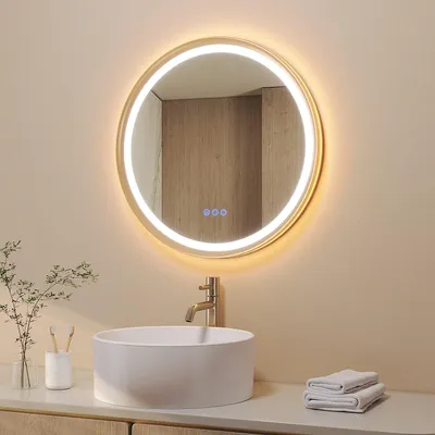 Produktbild von LED Touch Badspiegel 60 cm Badezimmerspiegel mit Beleuchtung Rund Spiegel Antibeschlag Dimmbar Gebürstet-goldener Aluminiumrahmen 6400K & 3000K