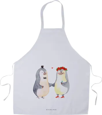 Produktbild von Mr. & Mrs. Panda Küchenschürze Pinguin Heirat - Weiß - Geschenk, Kochschürze, Bräutigam, Grillschürze, Küchenzubehör, Just Married, Mann, Frau, Braut, Freundin, Schürze