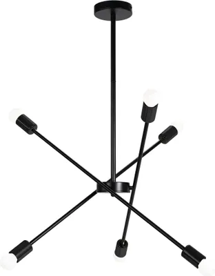 A black chandelier with multiple arms and light bulbs, isolated on a white background.