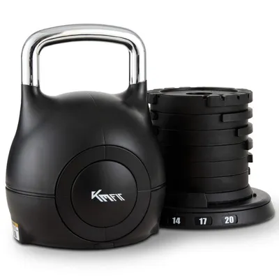 Obrázek produktu pro KM-Fit, nastavitelné kettlebell, 1,5 až 10 kg, 7 úrovní váhy, ocelová rukojeť, odkládací miska, vhodné pro fitness a domácí posilovnu