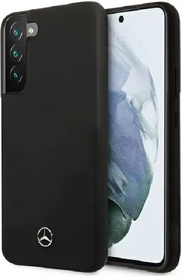 A black smartphone case with a Mercedes-Benz logo is shown on a smartphone.