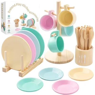 Immagine prodotto di Cucina giocattolo in legno per bambini, set di stoviglie da 27 pezzi, set da tè con supporto per l'organizzazione, ideale per bambini dai 3 ai 5 anni