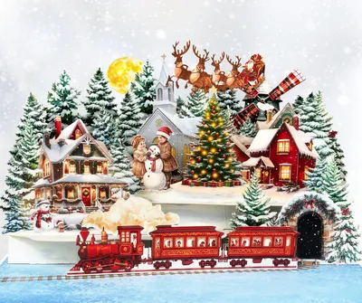 Pop-up Weihnachtskarte Winterdorf 3D mit Zug