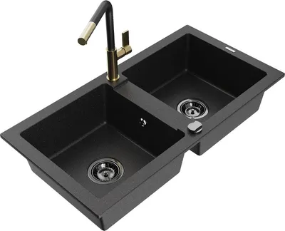 Produktbild von Mexen Mario 2-Becken-Granitspüle mit Mischbatterie Flora, Schwarz/Silbermetallic - 6504-73-670401-57-B