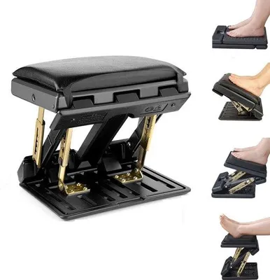 Immagine prodotto di Poggiapiedi ergonomico Unyqoos® con funzione massaggio – regolabile in altezza (12 posizioni), antiscivolo, nero, in plastica, massimo 55 kg