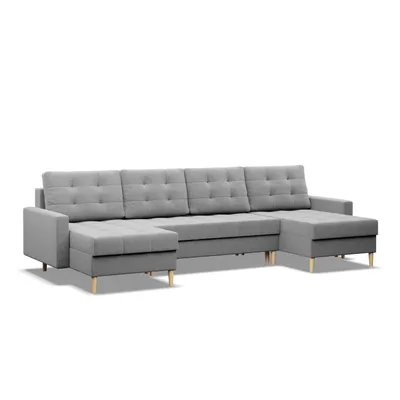 A gray sectional sofa with a chaise lounge on both sides, shown from the front on a white background.