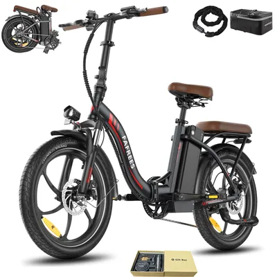 A black electric bicycle with brown accents, displayed on a white background with accessories.