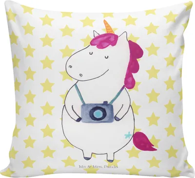 Produktbild von Mr. & Mrs. Panda Deko Kissen Einhorn Fotograf - Weiß - Geschenk, Unicorn, für couch, Urlaub, Reise, kuschelkissen 40x40, Fotografie, Sofakissen, Einhörner, Kamera