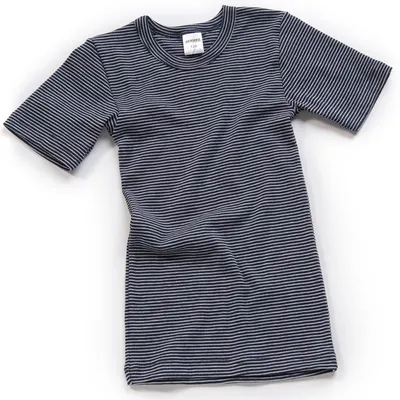 Produktbild von HERMKO Kinder Thermo-Shirt Kurzarm - Angerautes Unterhemd mit Rundhals-Ausschnitt aus 67% Baumwolle und 33% Polyester für optimalen Kälteschutz 2681005, Größe:104, Farbe:Marine Ringel
