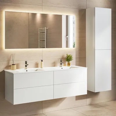 Produktbild von LOMAZOO Badmöbelset NUVANO 140 cm - Mit Hochschrank - Glänzend Weiß - Waschbecken Weiß