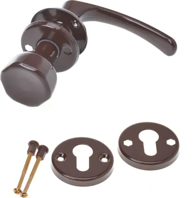 A set of door hardware, including a lever handle, a knob, two keyhole escutcheons, and two screws, all in a brown color, laid out against a white background.