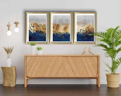 Image de Wallity, 3P3853NISCT-020, Peinture décorative encadrée en MDF (3 pièces), 100 % MDF, or, 38 x 53 cm