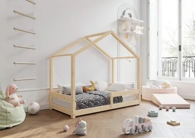 Produktbild von TIMBEE HUFIE Hausbett Kinderbett Holz Kinderzimmer Bett - Unlackiert - 90x200cm - 3cm Beine