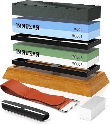 Produktbild von Famanu Wetzstein-Set 400/1000 und 3000/8000 Grit - Mit Egalisierstein, Winkelguide, Bambusbasis und Lederstreifen
