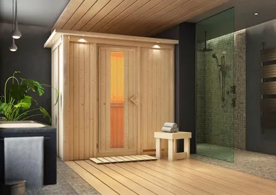 Produktbild von Karibu Sauna Innensauna Variado Fronteinstieg Ofen 9 kW integr. Strg 196x118x198 cm ohne Dachkranz mit Energiespartür