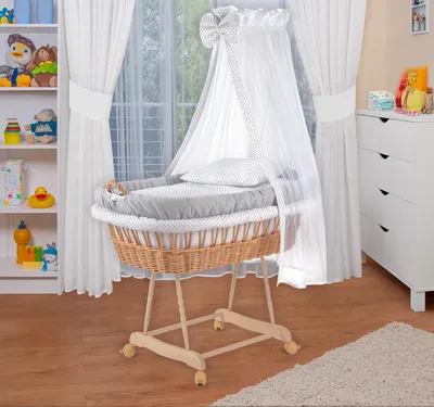 Produktbild von WALDIN Baby Stubenwagen-Set mit Ausstattung,XXL,Bollerwagen,komplett,grau/Punkte grau,Gestell natur