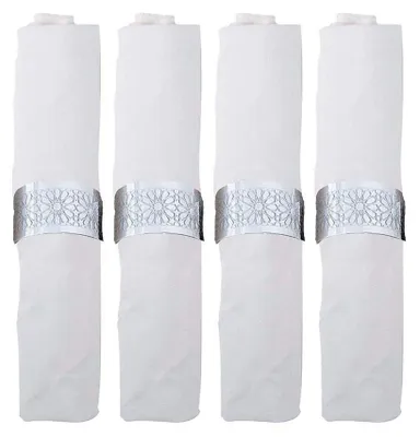 Produktbild von 4er-Set silberfarbene Serviettenringe aus Metall mit Blumenmuster, 5 x 5 x 2,5 cm