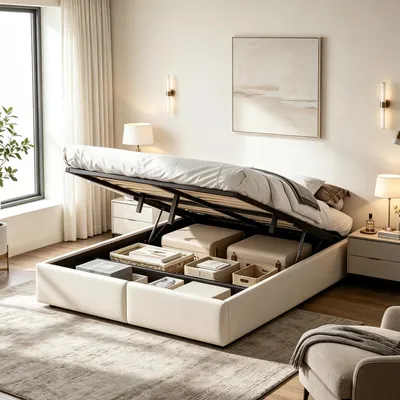 Immagine prodotto di Letto imbottito INONEFT, 140x200 cm, piattaforma, letto matrimoniale con spazio contenitore, letto idraulico con 2 cassetti, letto per ragazzi con rete a doghe, colore: lino, beige