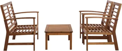 A wooden garden lounge set with two chairs and a coffee table, presented on a white background.