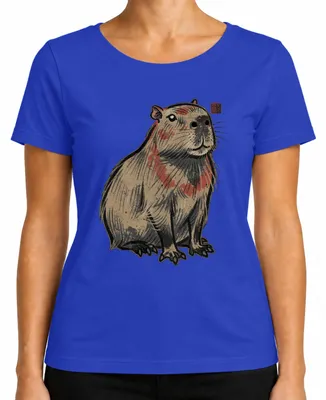 Imagen del producto de Camiseta para mujer, diseño de capibara ("Wasserschwein" en alemán, que significa "cerdo de agua"), estilo Ukiyo-e japonés, temática Y2K, color azul, talla M