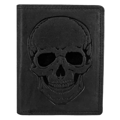 Produktbild von RFID Büffel Echt Leder Geldbörse Portemonnaie mit geprägtem Totenkopf Motiv Schwarz Hochformat