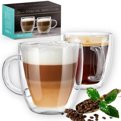 Produktbild von Vog&Arths Doppelwandige Kaffeegläser und Teegläser mit Ohr - 2x 250ml - Gläser für Latte Macchiato, Kaffee, Cappuccino oder Tee